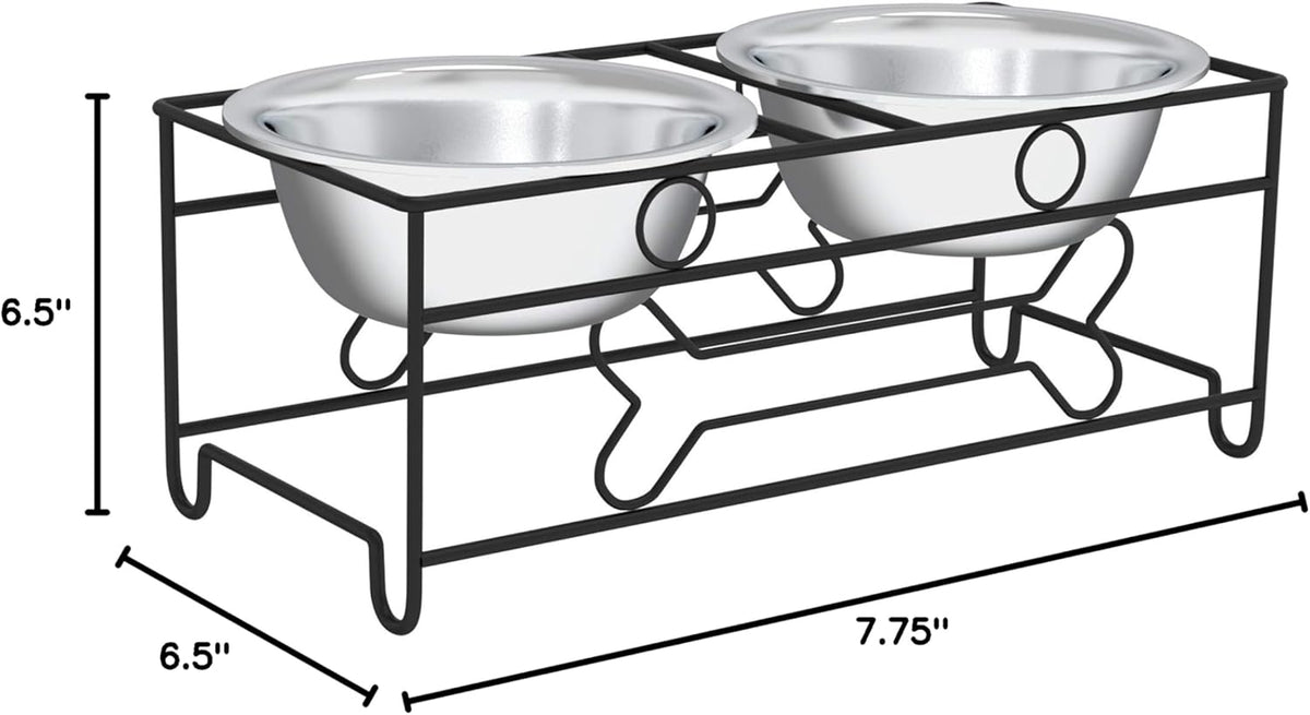Set of 2 Stainless Steel Dog Bowls with Decorative Stand - 40 Oz Metal Food and Water Dishes for Large Pets - Essential Puppy Accessories (Silver/Black)