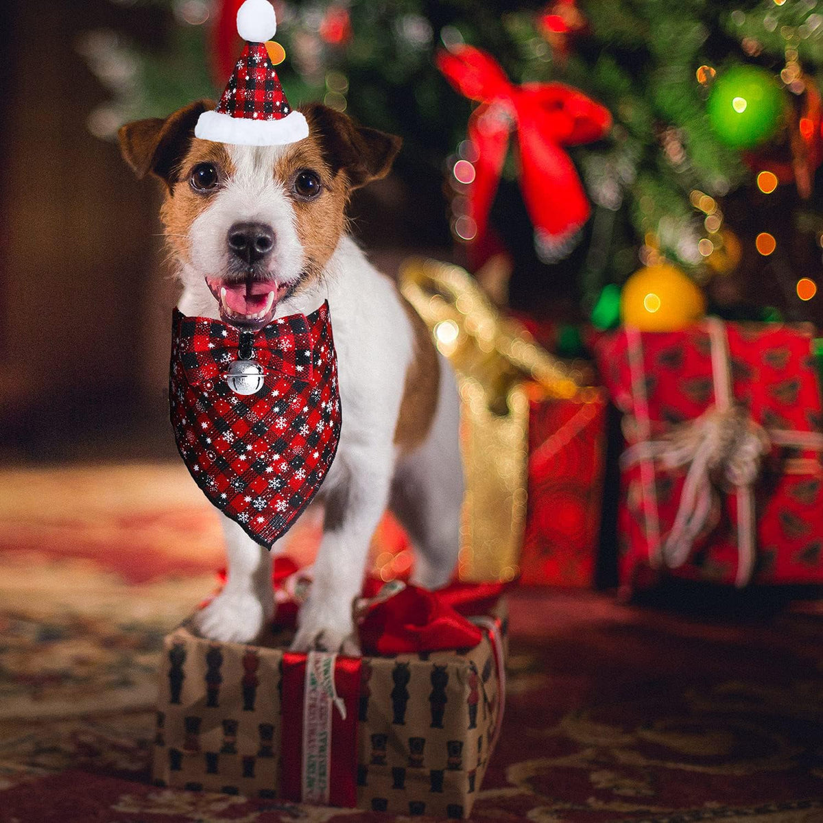 Christmas Snowflake Dog Bandana Costume Set: Classic Plaid Scarf, Bow Tie, and Hat with Bell Decoration for Pets