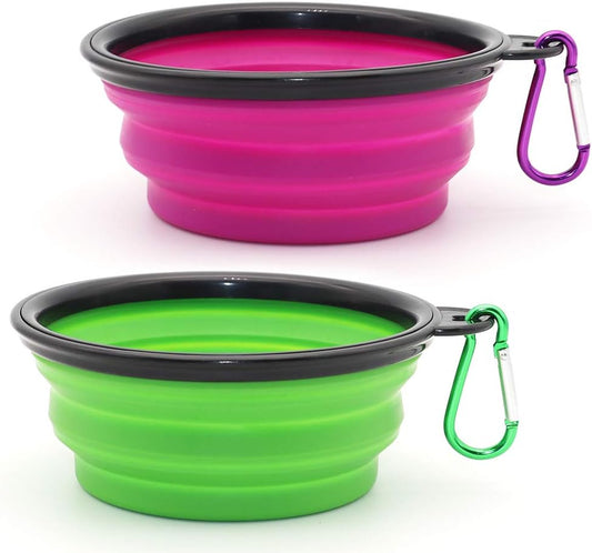 Collapsible Dog and Cat Bowls - 2 Pack Portable Water and Food Dishes with Carabiners (Small, Green & Purple)