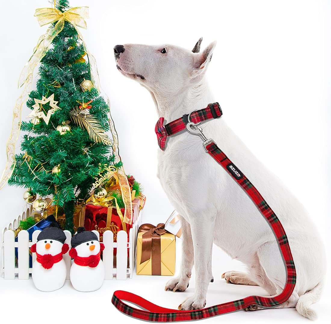 Christmas Buffalo Plaid Dog Collar and Leash Set with Removable Bowtie for Large Dogs