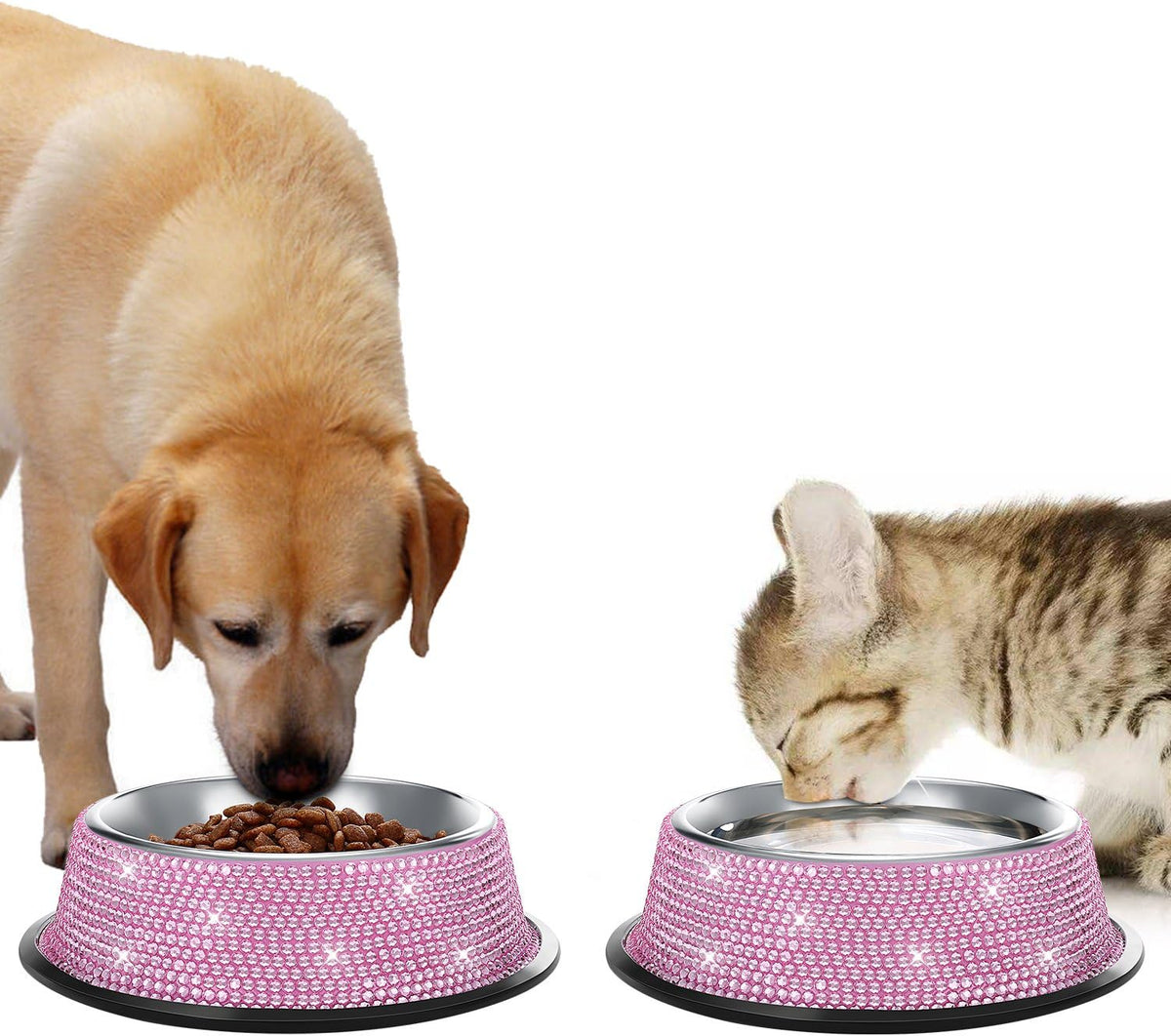 Handmade Pink Rhinestone Dog Bowls, 640ML Stainless Steel Double Feeder Set for Cats and Dogs - Set of 2