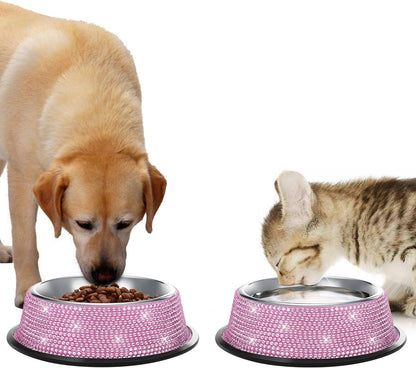 Handmade Pink Rhinestone Dog Bowls, 640ML Stainless Steel Double Feeder Set for Cats and Dogs - Set of 2