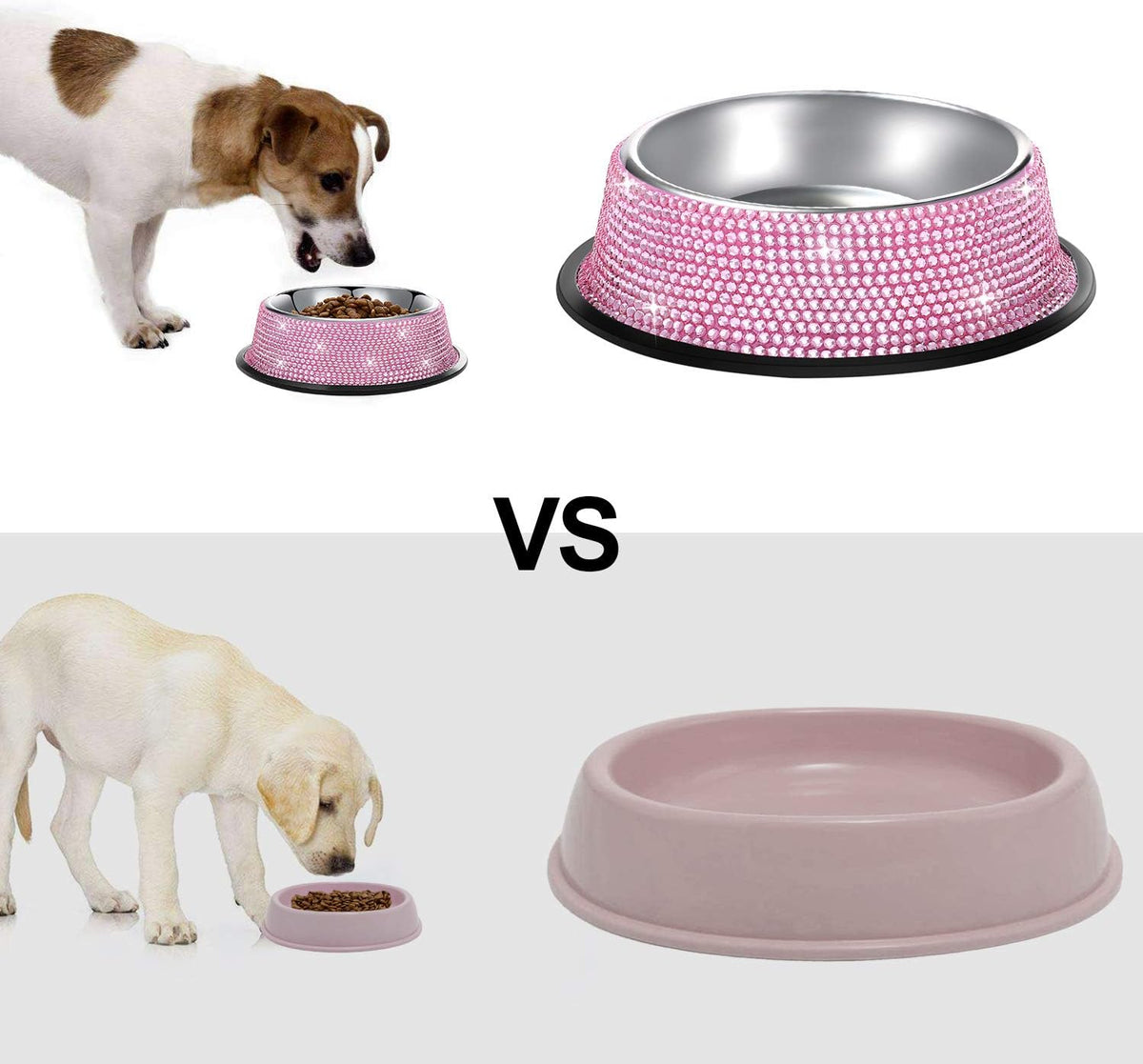 Handmade Pink Rhinestone Dog Bowls, 640ML Stainless Steel Double Feeder Set for Cats and Dogs - Set of 2
