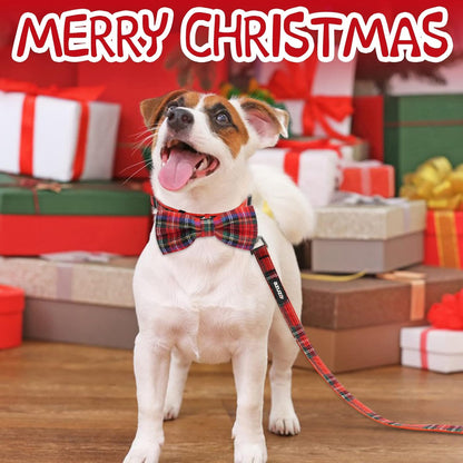 Christmas Buffalo Plaid Dog Collar and Leash Set with Removable Bowtie for Large Dogs