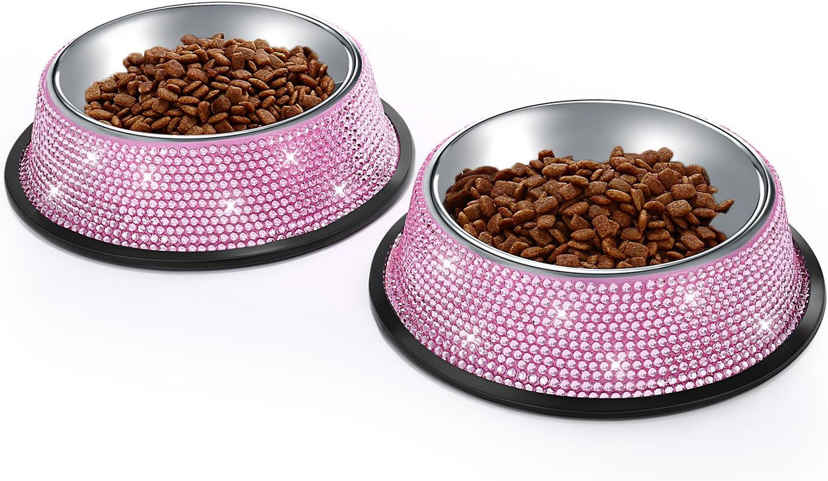 Handmade Pink Rhinestone Dog Bowls, 640ML Stainless Steel Double Feeder Set for Cats and Dogs - Set of 2