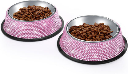 Handmade Pink Rhinestone Dog Bowls, 640ML Stainless Steel Double Feeder Set for Cats and Dogs - Set of 2