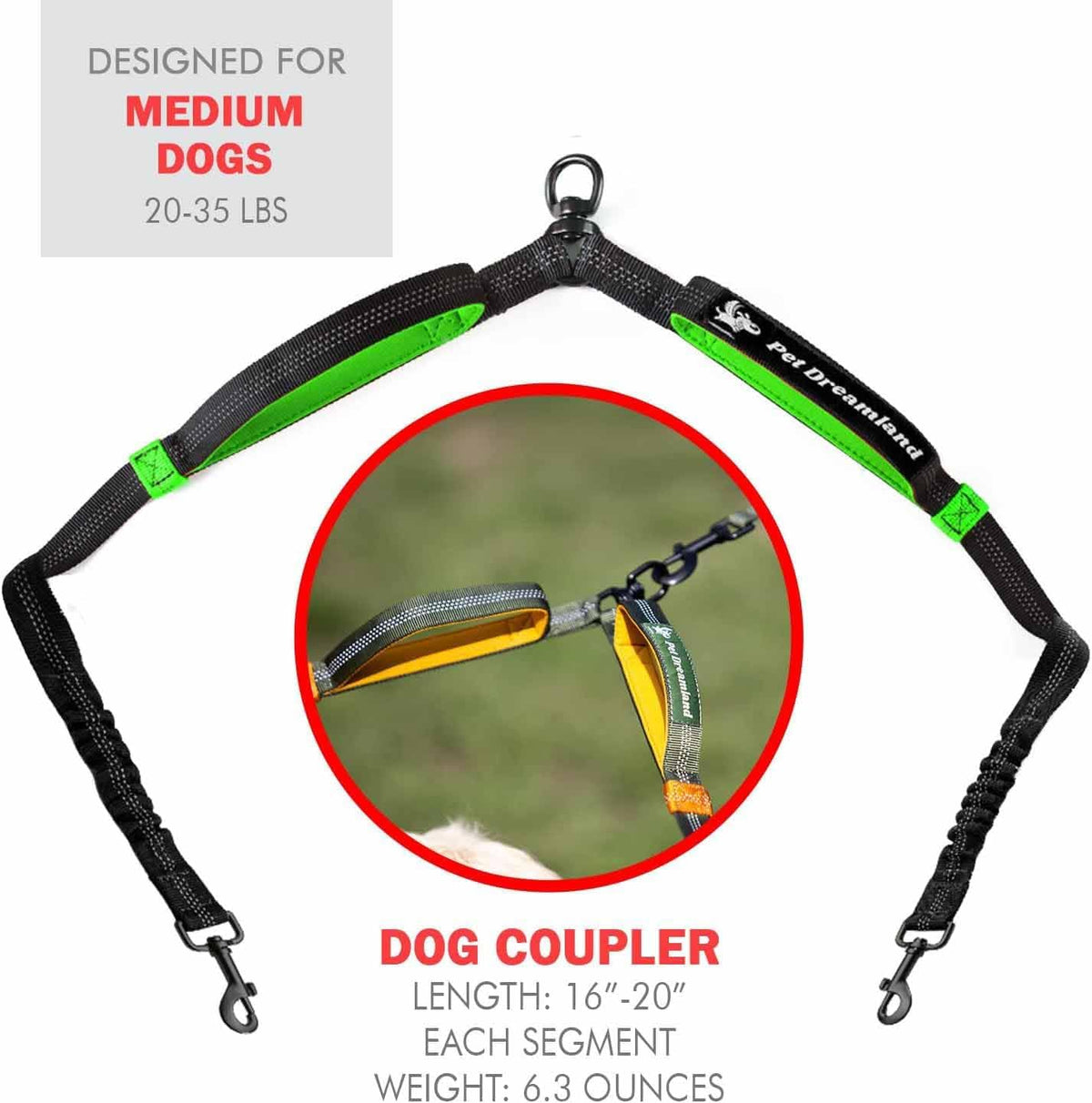Premium Double Dog Coupler with No-Tangle Swivel for Two Medium Dogs - Effortless Walking Solution in Black & Green