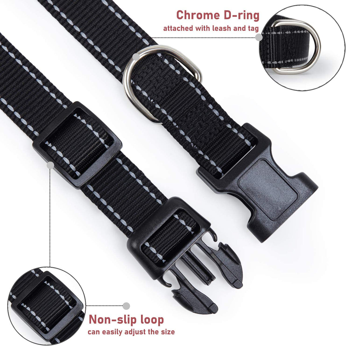 Reflective Dog Collar, Puppy Collar with Buckle Adjustable, Black M