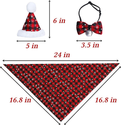 Christmas Snowflake Dog Bandana Costume Set: Classic Plaid Scarf, Bow Tie, and Hat with Bell Decoration for Pets