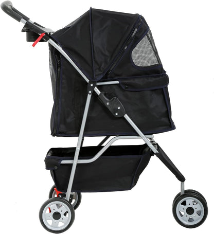 Lightweight Foldable 3-Wheel Pet Stroller for Small to Medium Dogs and Cats, Featuring Breathable Mesh, Weather Cover, and Storage Basket for Outdoor Travel (Black)