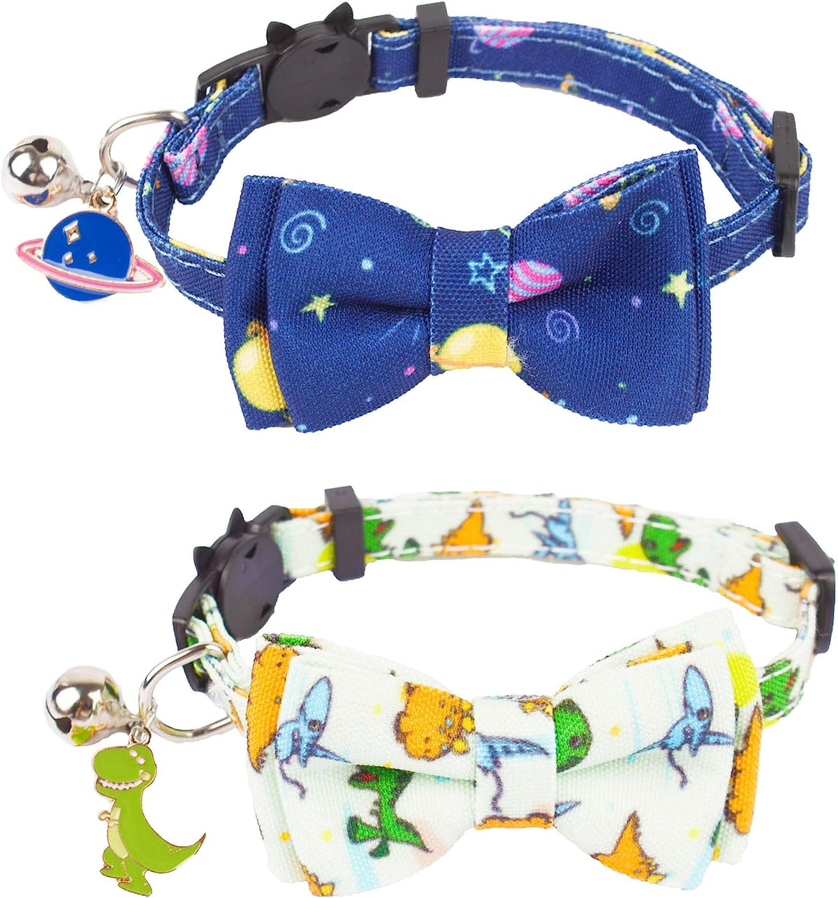 Dinosaur-Themed Breakaway Cat Collars with Bow Tie and Bell, Set of 2