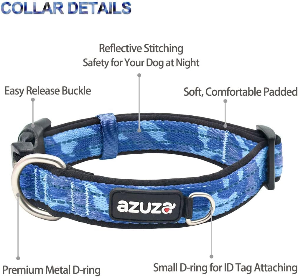 Reflective Dog Collar and Leash Set with AirTag Holder - Blue Camo Padded Collar and Matching Clip Handle Leash for Small Dogs