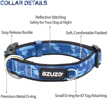 Reflective Dog Collar and Leash Set with AirTag Holder - Blue Camo Padded Collar and Matching Clip Handle Leash for Small Dogs