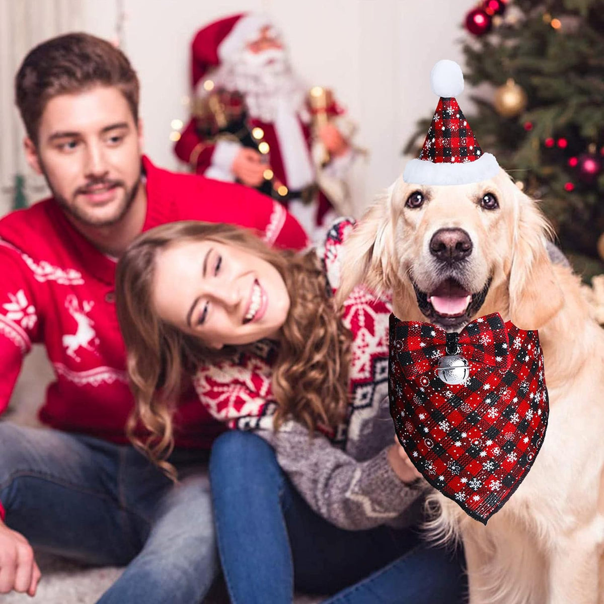 Christmas Snowflake Dog Bandana Costume Set: Classic Plaid Scarf, Bow Tie, and Hat with Bell Decoration for Pets