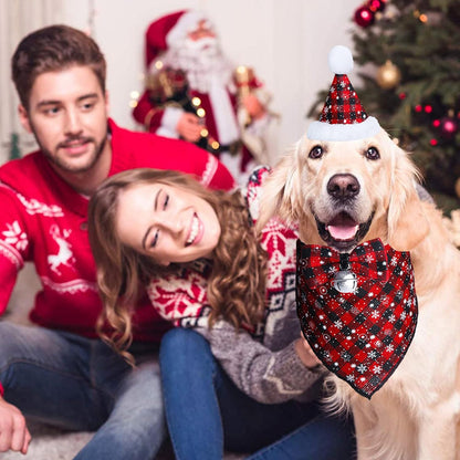 Christmas Snowflake Dog Bandana Costume Set: Classic Plaid Scarf, Bow Tie, and Hat with Bell Decoration for Pets