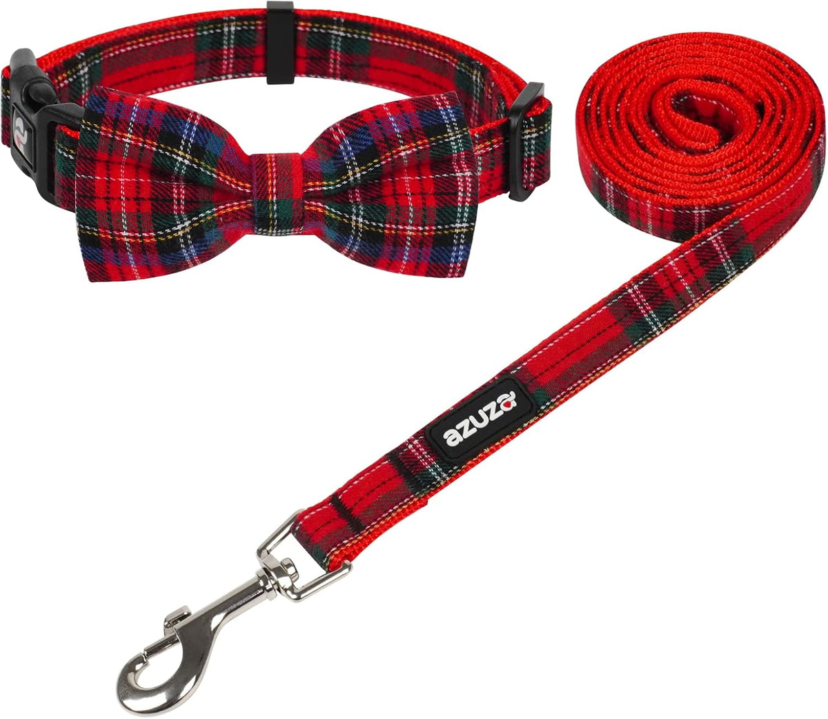 Christmas Buffalo Plaid Dog Collar and Leash Set with Removable Bowtie for Large Dogs