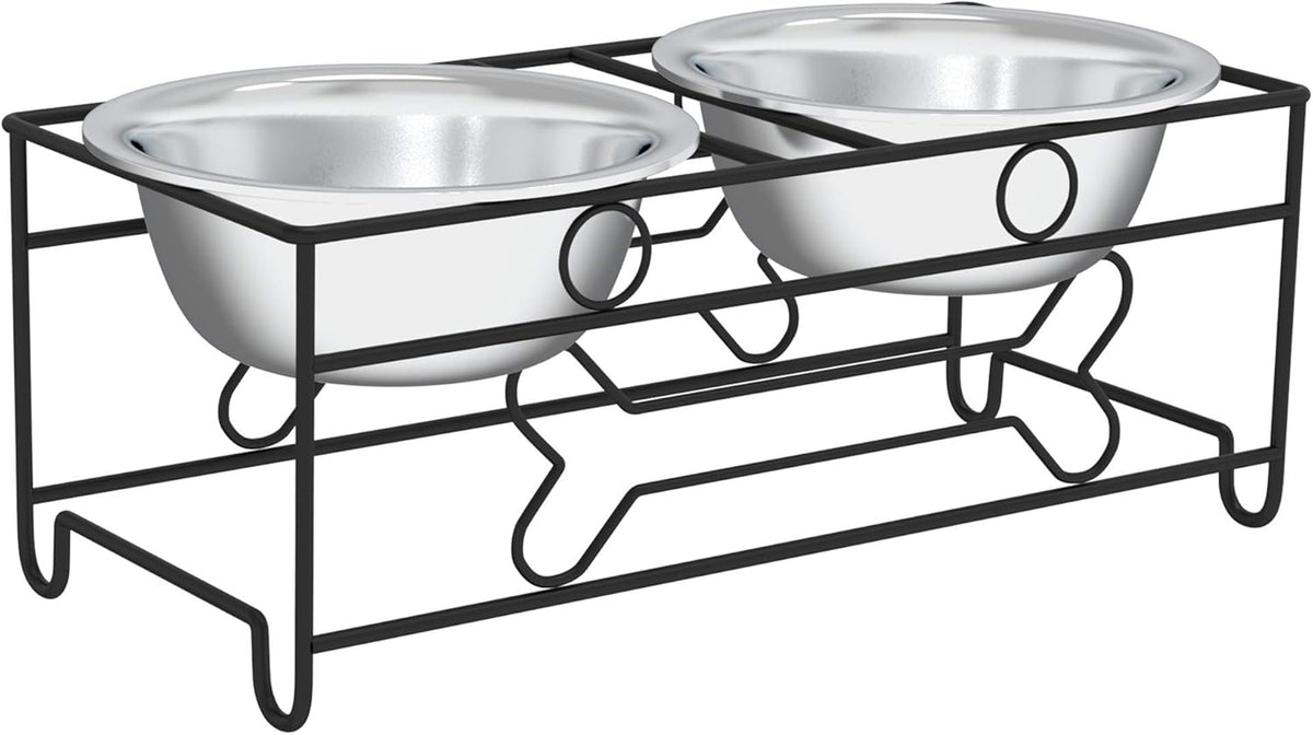 Set of 2 Stainless Steel Dog Bowls with Decorative Stand - 40 Oz Metal Food and Water Dishes for Large Pets - Essential Puppy Accessories (Silver/Black)