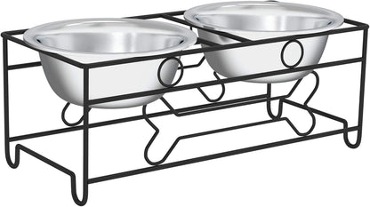 Set of 2 Stainless Steel Dog Bowls with Decorative Stand - 40 Oz Metal Food and Water Dishes for Large Pets - Essential Puppy Accessories (Silver/Black)