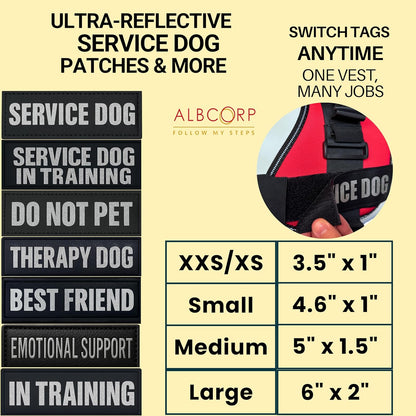Reflective Service Dog Patches with Hook Backing for Service Animal Vests and Harnesses, Small (4.6 x 1 Inch)