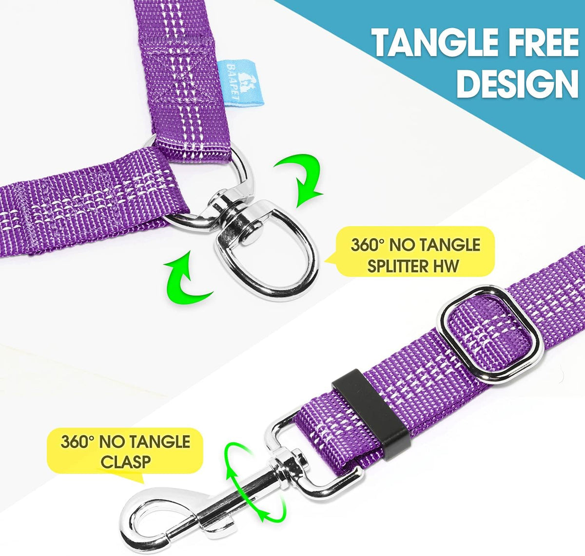 Double Dog Leash Splitter, Tangle Free Dual Dog Leash Coupler, Two Dog Walking and Training Extension for Small Medium or Large Dogs (1.0'' X 20~32 Inch, Purple)