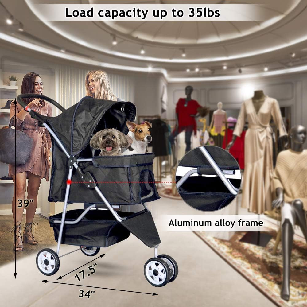 Lightweight Foldable 3-Wheel Pet Stroller for Small to Medium Dogs and Cats, Featuring Breathable Mesh, Weather Cover, and Storage Basket for Outdoor Travel (Black)