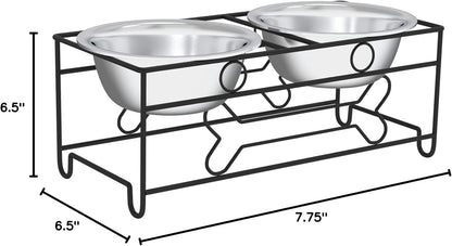 Set of 2 Stainless Steel Dog Bowls with Decorative Stand - 40 Oz Metal Food and Water Dishes for Large Pets - Essential Puppy Accessories (Silver/Black)