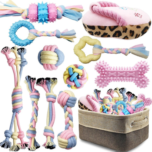 Puppy Chew Toys for Teething Puppy Toys Small Dog Rope Balls for Teething Chew Interactive Teeth Cleaning Tug Toys Storage Baske