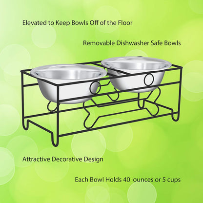 Set of 2 Stainless Steel Dog Bowls with Decorative Stand - 40 Oz Metal Food and Water Dishes for Large Pets - Essential Puppy Accessories (Silver/Black)