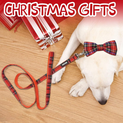 Christmas Buffalo Plaid Dog Collar and Leash Set with Removable Bowtie for Large Dogs