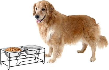 Set of 2 Stainless Steel Dog Bowls with Decorative Stand - 40 Oz Metal Food and Water Dishes for Large Pets - Essential Puppy Accessories (Silver/Black)