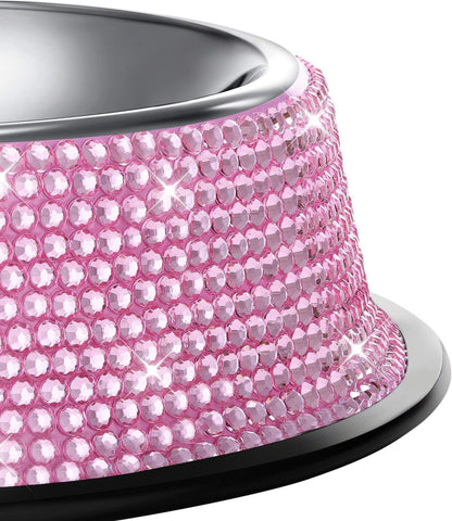 Handmade Pink Rhinestone Dog Bowls, 640ML Stainless Steel Double Feeder Set for Cats and Dogs - Set of 2