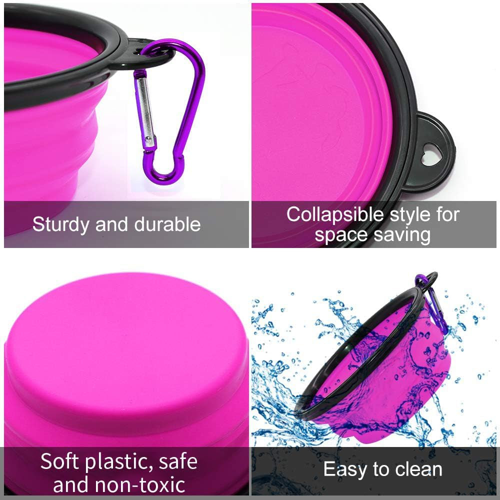 Collapsible Dog and Cat Bowls - 2 Pack Portable Water and Food Dishes with Carabiners (Small, Green & Purple)