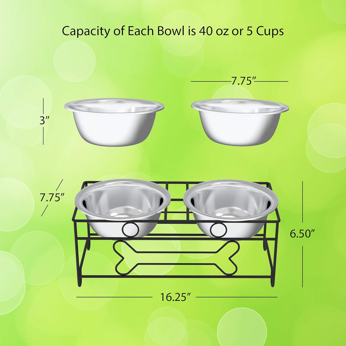 Set of 2 Stainless Steel Dog Bowls with Decorative Stand - 40 Oz Metal Food and Water Dishes for Large Pets - Essential Puppy Accessories (Silver/Black)