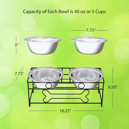 Set of 2 Stainless Steel Dog Bowls with Decorative Stand - 40 Oz Metal Food and Water Dishes for Large Pets - Essential Puppy Accessories (Silver/Black)