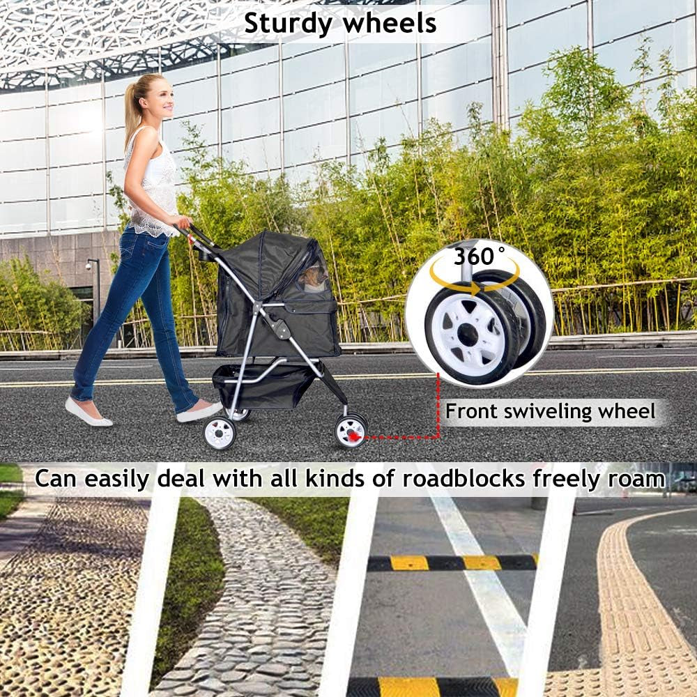 Lightweight Foldable 3-Wheel Pet Stroller for Small to Medium Dogs and Cats, Featuring Breathable Mesh, Weather Cover, and Storage Basket for Outdoor Travel (Black)