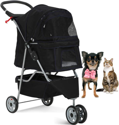 Lightweight Foldable 3-Wheel Pet Stroller for Small to Medium Dogs and Cats, Featuring Breathable Mesh, Weather Cover, and Storage Basket for Outdoor Travel (Black)