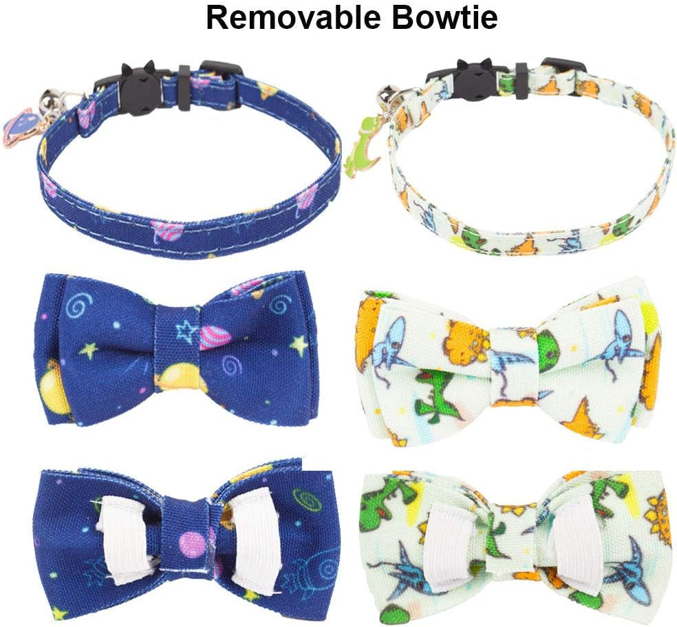 Dinosaur-Themed Breakaway Cat Collars with Bow Tie and Bell, Set of 2