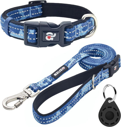 Reflective Dog Collar and Leash Set with AirTag Holder - Blue Camo Padded Collar and Matching Clip Handle Leash for Small Dogs