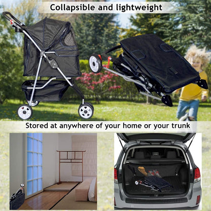 Lightweight Foldable 3-Wheel Pet Stroller for Small to Medium Dogs and Cats, Featuring Breathable Mesh, Weather Cover, and Storage Basket for Outdoor Travel (Black)