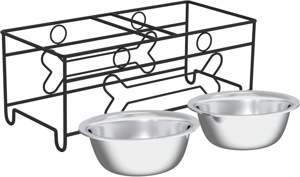 Set of 2 Stainless Steel Dog Bowls with Decorative Stand - 40 Oz Metal Food and Water Dishes for Large Pets - Essential Puppy Accessories (Silver/Black)