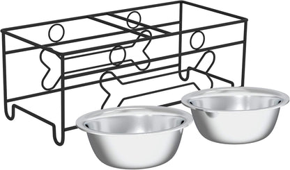 Set of 2 Stainless Steel Dog Bowls with Decorative Stand - 40 Oz Metal Food and Water Dishes for Large Pets - Essential Puppy Accessories (Silver/Black)