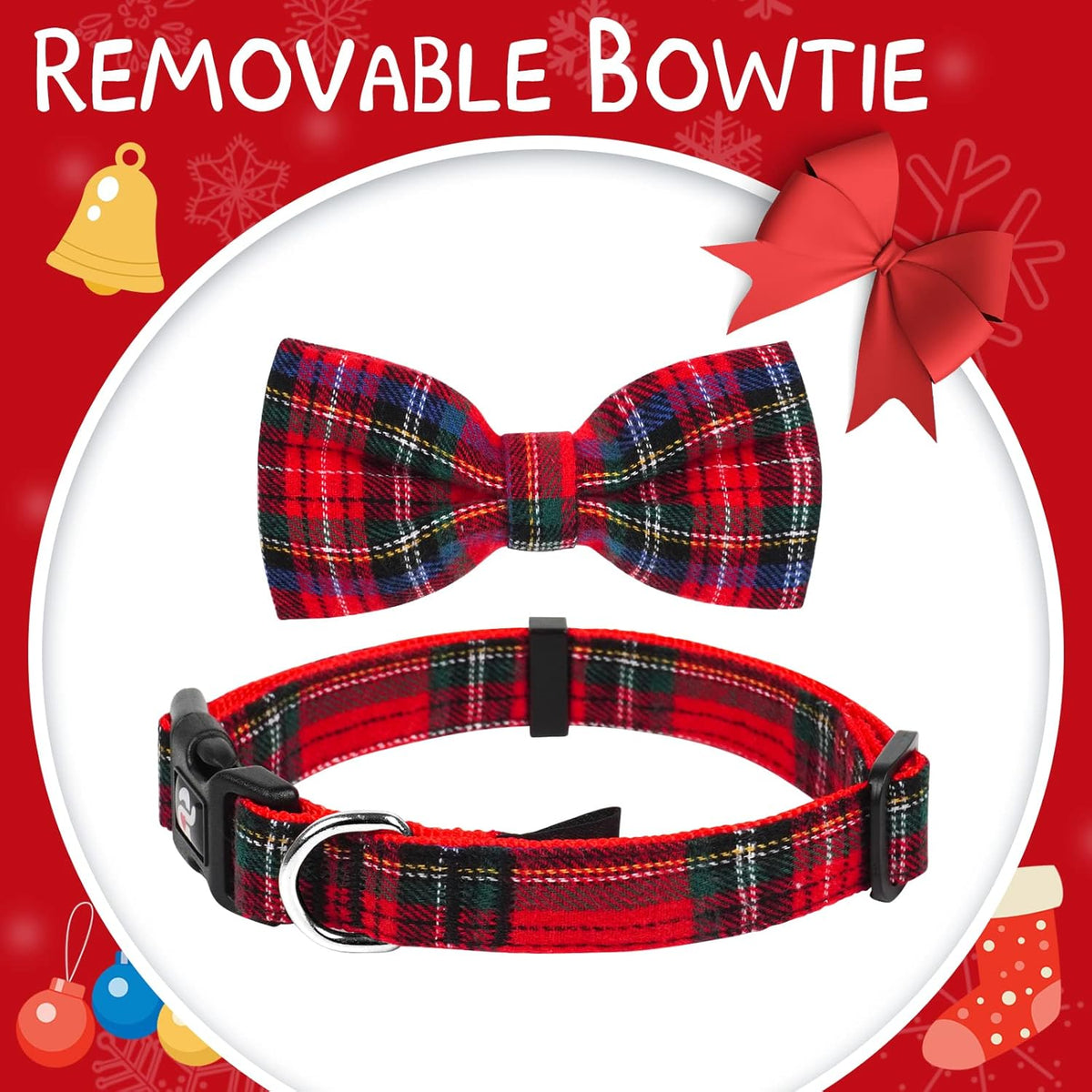 Christmas Buffalo Plaid Dog Collar and Leash Set with Removable Bowtie for Large Dogs