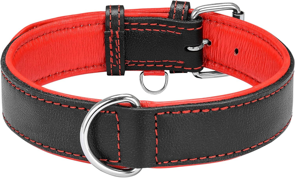 Riparo Dog Collars for Medium Dogs, Genuine Leather Dog Collar, Medium Dog Collar (M: 1" Wide for 13.5”-17.5” Neck, Black/Red Thread)