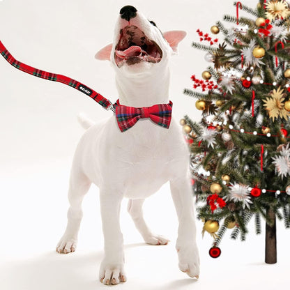 Christmas Buffalo Plaid Dog Collar and Leash Set with Removable Bowtie for Large Dogs