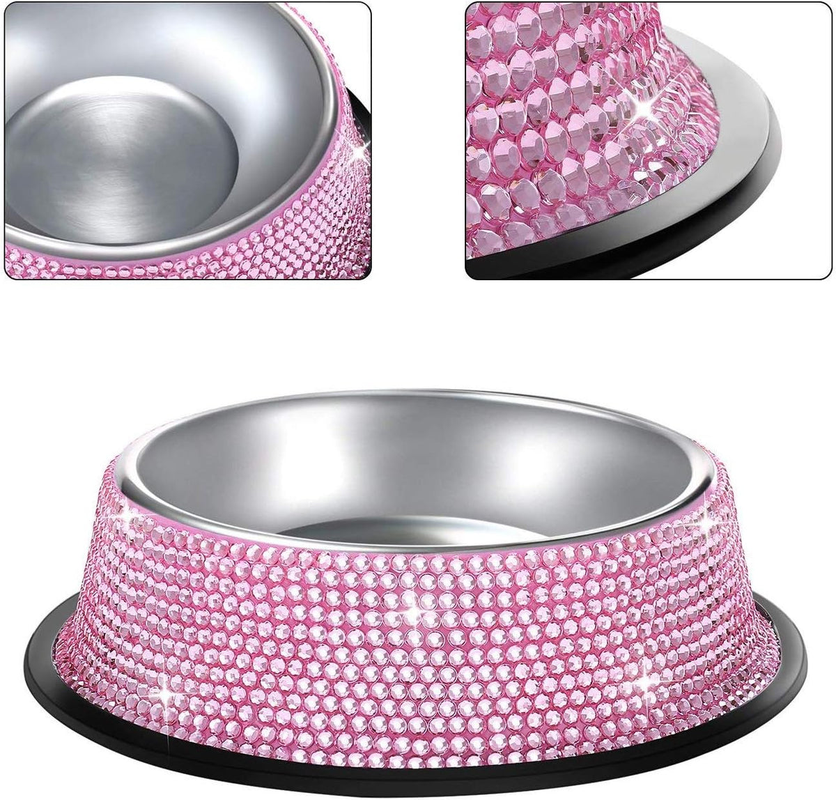 Handmade Pink Rhinestone Dog Bowls, 640ML Stainless Steel Double Feeder Set for Cats and Dogs - Set of 2