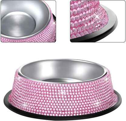 Handmade Pink Rhinestone Dog Bowls, 640ML Stainless Steel Double Feeder Set for Cats and Dogs - Set of 2