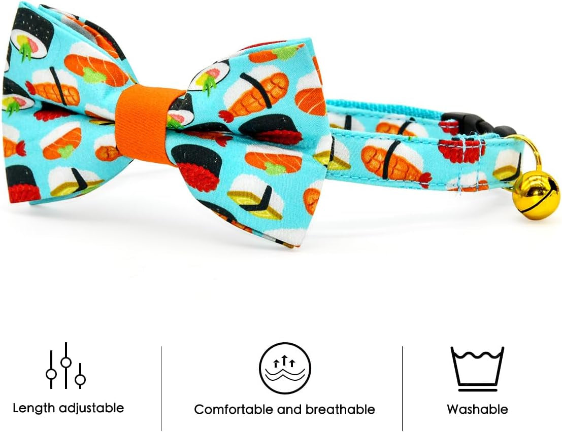 Sushi-Themed Cat Collar and Bow Tie Set with Breakaway Safety Feature, Ideal for Weddings and Birthdays