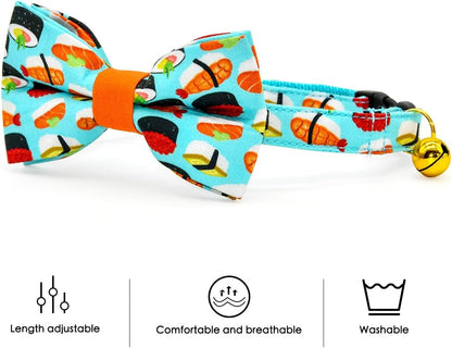 Sushi-Themed Cat Collar and Bow Tie Set with Breakaway Safety Feature, Ideal for Weddings and Birthdays