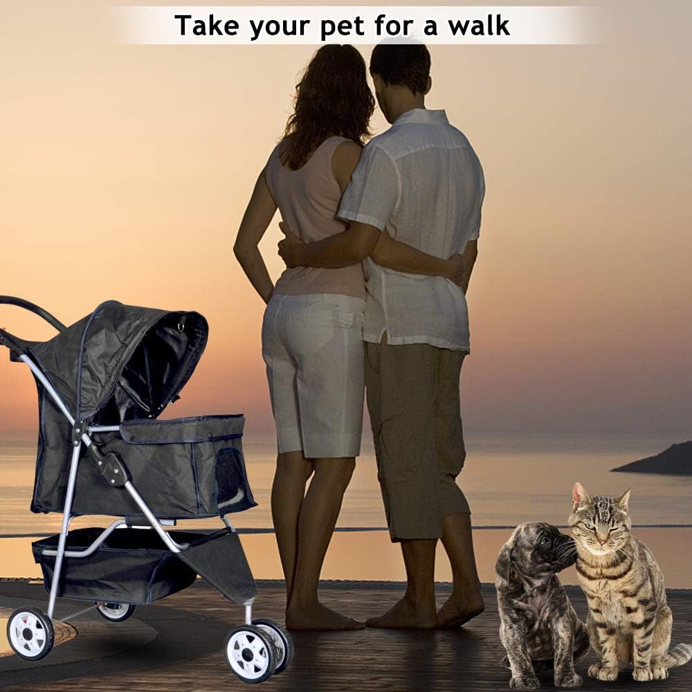Lightweight Foldable 3-Wheel Pet Stroller for Small to Medium Dogs and Cats, Featuring Breathable Mesh, Weather Cover, and Storage Basket for Outdoor Travel (Black)