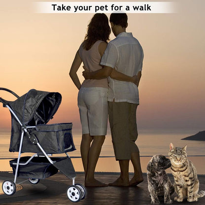Lightweight Foldable 3-Wheel Pet Stroller for Small to Medium Dogs and Cats, Featuring Breathable Mesh, Weather Cover, and Storage Basket for Outdoor Travel (Black)
